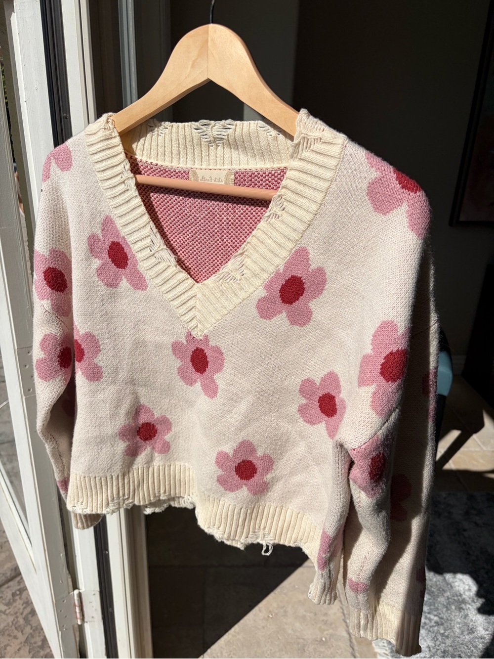 Altar'd State Cream V-Neck Sweater with Pink Floral Print